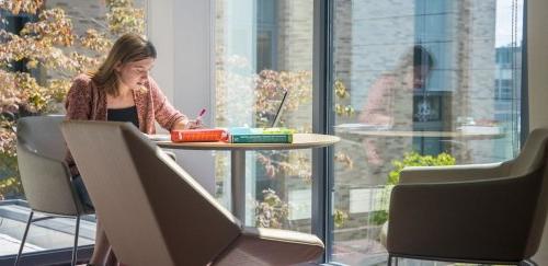 Student studying in lobby of Craig Lee Hall by windows